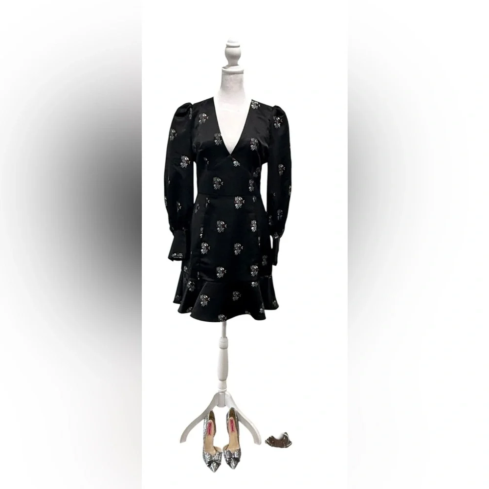 NWT Joie Minia floral black  satin brocade puff sleeve dress  . Size 8 - Picture 6 of 7